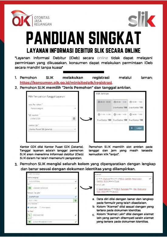 Panduan Singkat Layanan Informasi Debitur Slik Secara Online