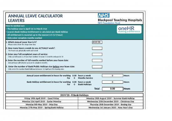 Spreadsheet Calculator 46364 Leavers Annual Leave Calculator New