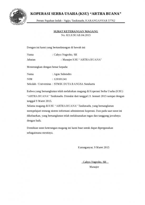 Surat Keterangan Kerja Magang