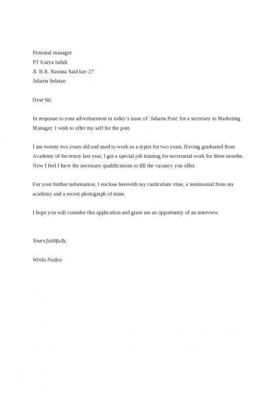 picture Ms Word Advertisement Template 1153 | Surat Lamaran Kerja Bahasa Inggris Secretary Marketing Manager