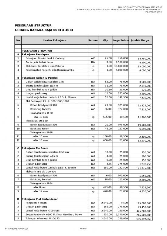 Download File XLSX - Pekerjaan Struktur - Gudang Rangka Baja 66mx40m