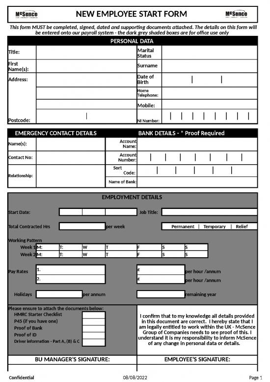 Excel Sheet Download 31159 | All New Employee Start Form