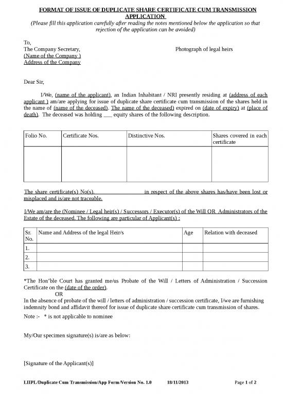 Certificate Word Format 30122 | Application For Duplicate Share ...