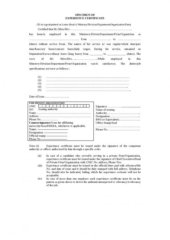 picture Certificate Word Format 30232 | Kpkpsc Experience Certificate