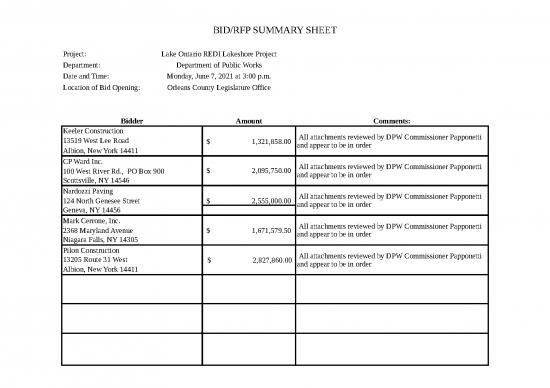 picture Summary Sheet In Excel Format 31556 | Official Bid Results Lake Ontario Lakeshore Redi Project