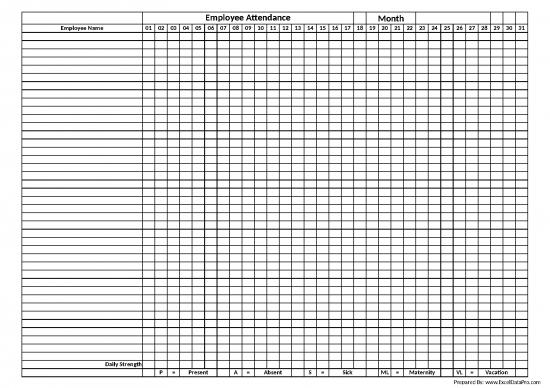 Excel Sheet Download 30790 | Printable Employee Attendance Sheet