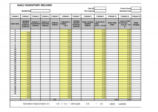 Excel Sheet Download 30923 | Daily Inventory Record