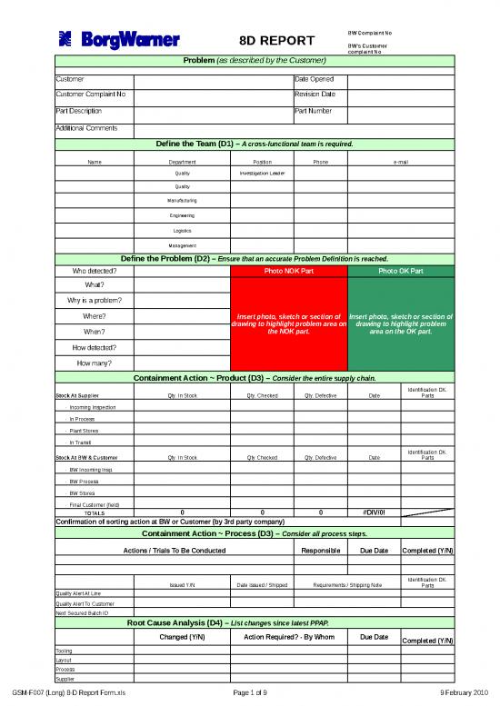 picture Excel Sample Sheet 33445 | Gsm F007 8d Supplier Corrective Action Report (long)