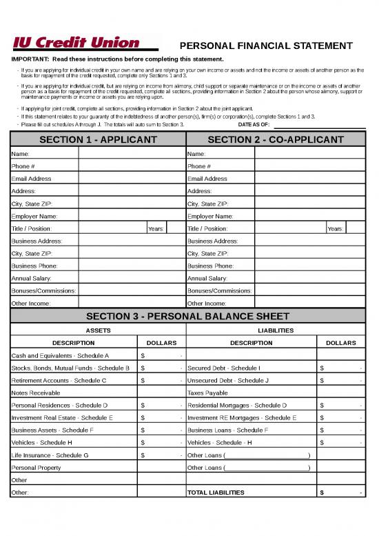 picture Financial Spreadsheet 32990 | Personal Financial Statement