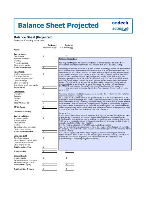 picture Spreadsheet For Expenses 32600 | Score Ondeck Balance Sheet Projected