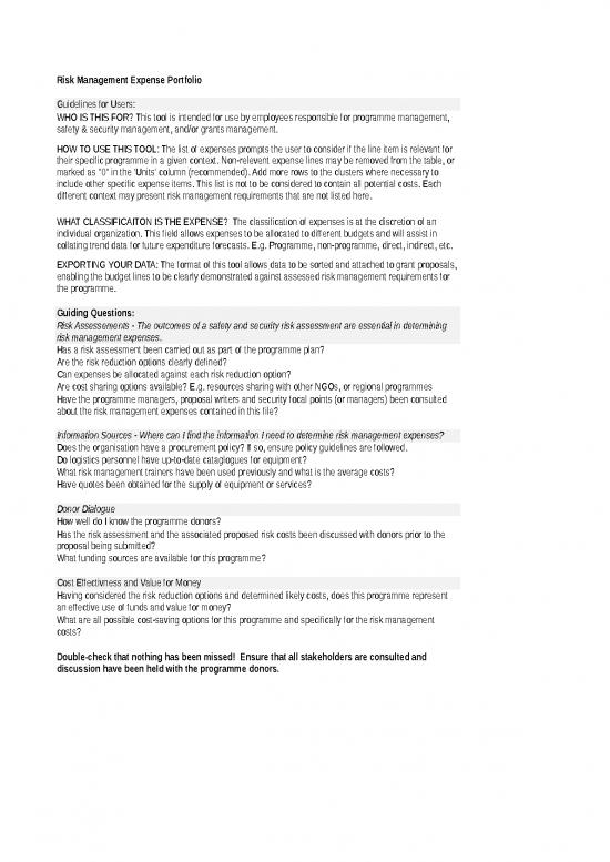 picture Spreadsheet For Expenses 40673 | Eisf Risk Management Expense Portfolio Tool Eisf March 2013