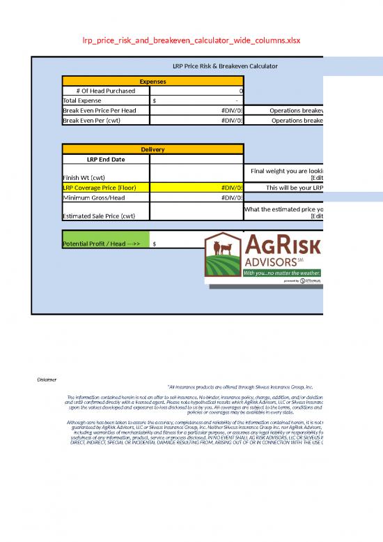 picture_Spreadsheet For Expenses 40680 | Lrp Price Risk And Breakeven Calculator Wide Columns
