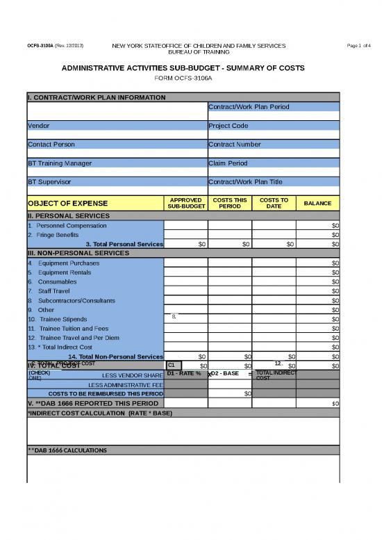 picture Expense Sheet Template 41275 | Ocfs 3106a Administrative Activities Sub Budget   Summary Of Costs