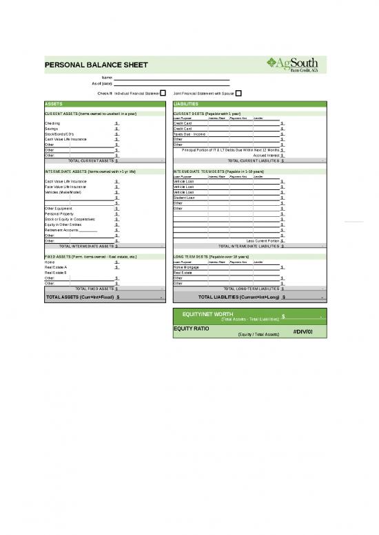 picture Financial Spreadsheet 41671 | Personal Balance Sheet