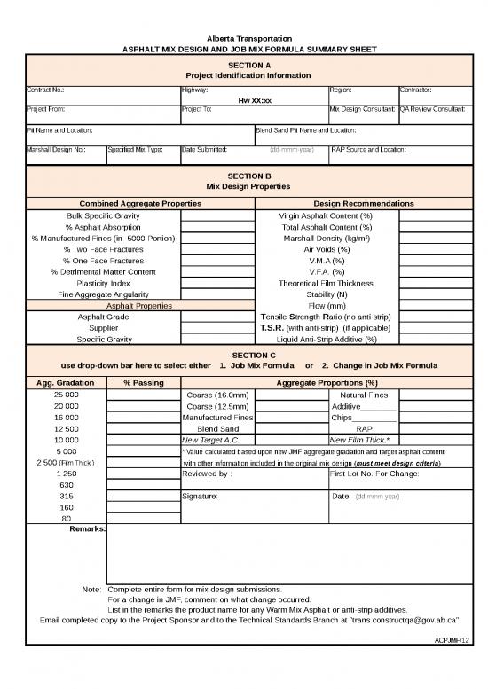 picture Contractor Excel Template 41675 | Trans B 07 Asphalt Mix Design And Jmf Summary Sheet