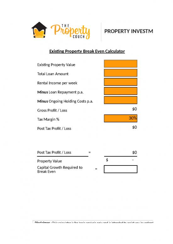 picture Rental Property Calculator Excel 43165 | The Property Couch Property Investment Break Even Calculator