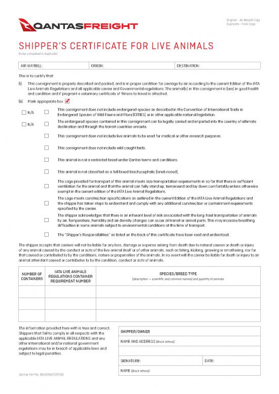 Iata Pdf 43687 Qantas Certificate Shipping Live Animals