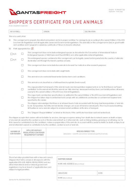 Iata Pdf 43687 Qantas Certificate Shipping Live Animals