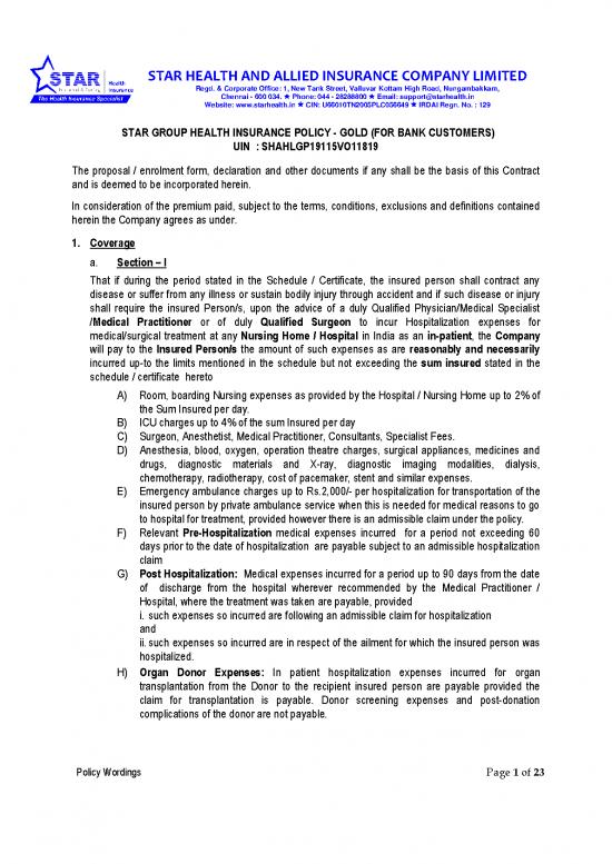 picture Star Health Insurance Terms And Conditions Pdf 44705 | Star Group Health Insurance Policy Gold For Bank Customers Policy Clause With Uin