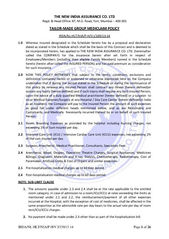 picture New India Assurance Mediclaim Policy Terms And Conditions Pdf 44526 | Tailor Made Group Mediclaim Policy