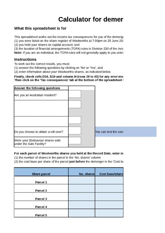 picture Spreadsheet Calculator 46355 | Woolworths Demerger Calculator