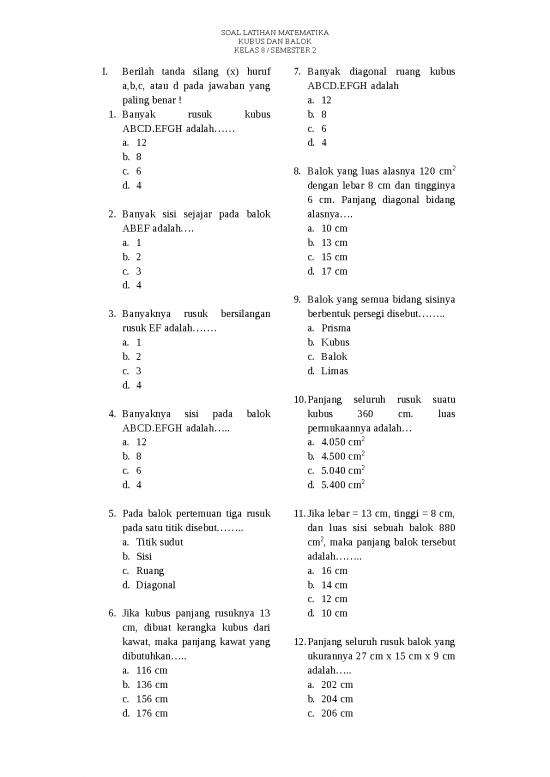 picture Soal Matematika Kelas 8 Semester 2 Smp - Kubus Dan Balok
