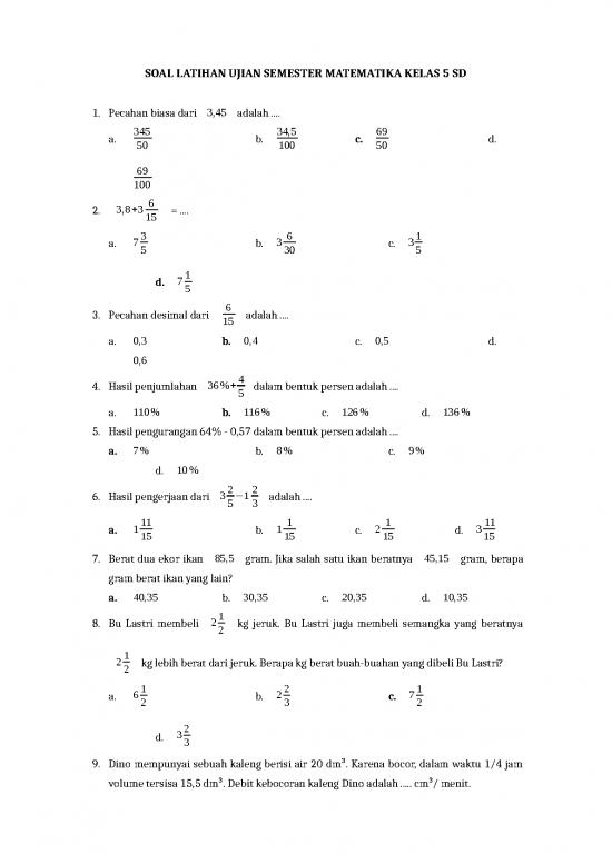 Soal Matematika Kelas 5 Sd - Soal Latihan Ujian Semester Matematika