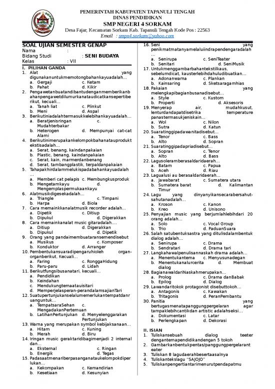 picture Soal Ujian Kelas 7 Smp - Ujian Semester Genap Bidang Studi Seni Budaya picture Soal Ujian Kelas 7 Smp - Ujian Semester Genap Bidang Studi Seni Budaya