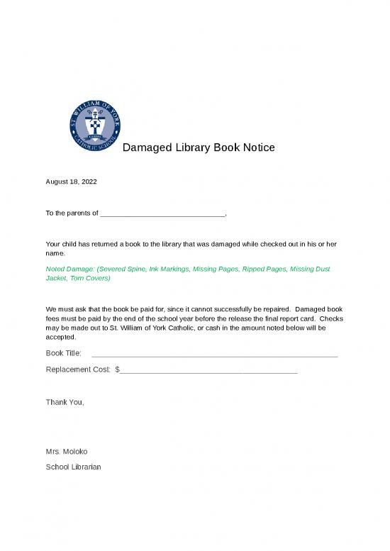 picture Report Template Doc 47299 | Damaged Library Book Notice Form