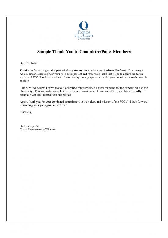 Sample Thank You Letter To Committee Panel Members