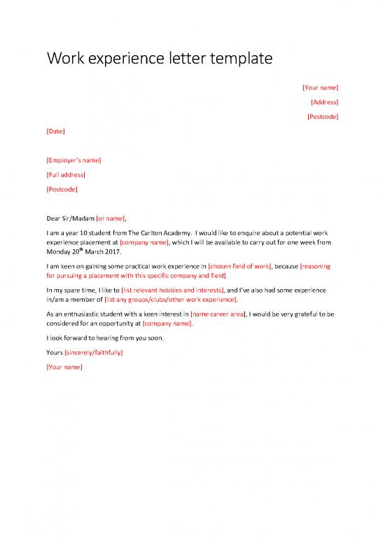 picture Letter Pdf 49189 | Work Experience Letter Template