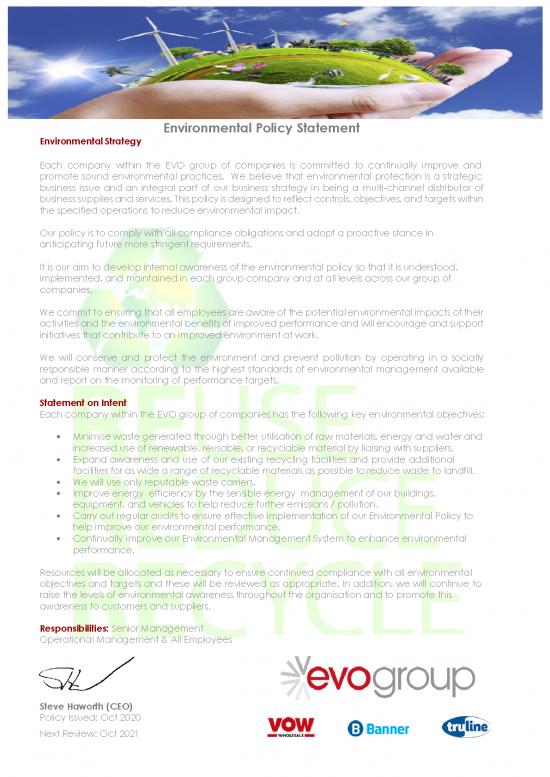 picture Company Environmental Policy Pdf 56167 | Evo Environmental Policy Statement 2020 21