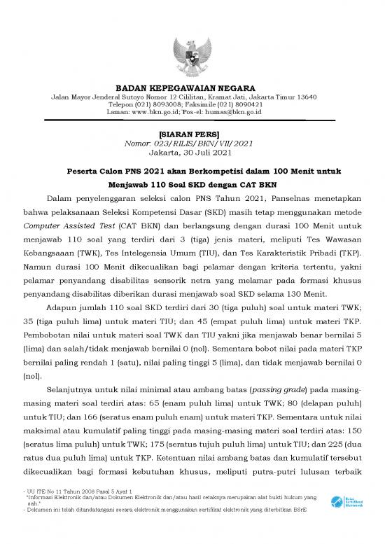 picture_Siaran Pers Peserta Calon Pns 2021 Akan Berkompetisi Dalam 100 Menit Untuk Menjawab 110 Soal Skd Dengan Cat Bkn