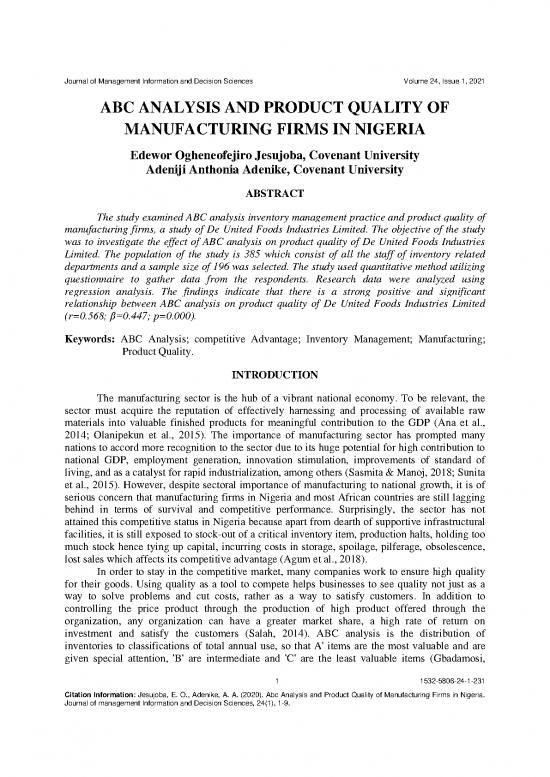 picture Abc Analysis Pdf 86398 | Abc Analysis And Product Quality Of Manufacturing Firms In Nigeria 1532 5806 24 1 231