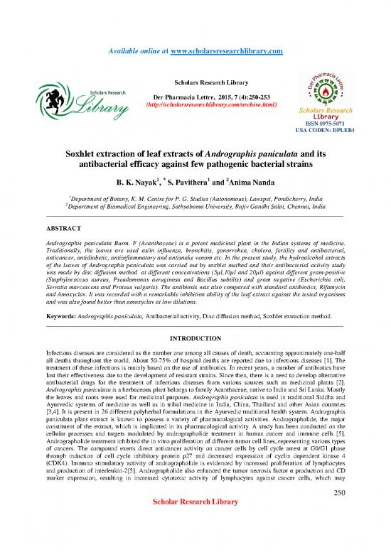 picture1_Soxhlet Extraction Pdf 87076 | Soxhlet Extraction Of Leaf Extracts Of Andrographis Paniculata And Itsantibacterial Efficacy Against Few Pathogenic Bact