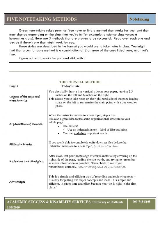 picture Note Taking Methods Pdf 89810 | 1five Methods Of Notetakindocx Updated 7 09