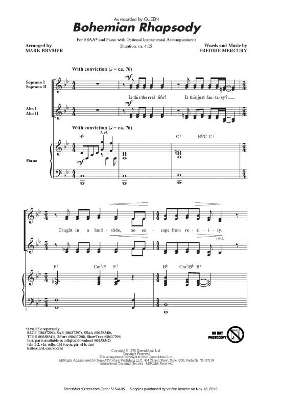 picture Piano Pdf 91377 | Bohemian Rhapsody Arr Mark Brymer