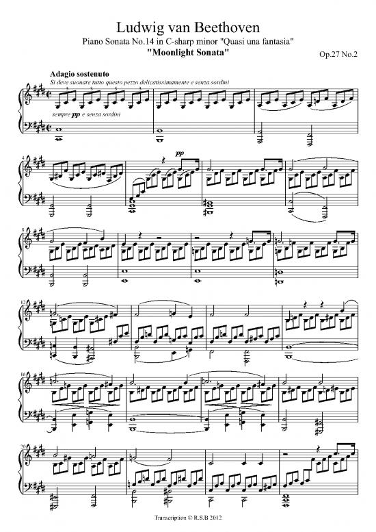 picture Piano Pdf 90935 | Piano Sonata N 14 In C Sharp Minor %27moonlight Sonata%27%2c O 27 N 2  % Adagio Sostenuto