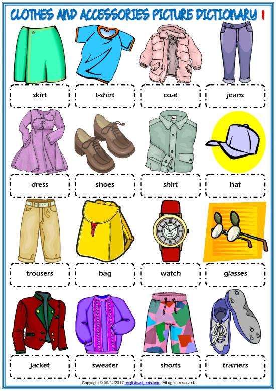 picture_Clothes And Accessories Vocabulary Esl Picture Dictionary Worksheets For Kids