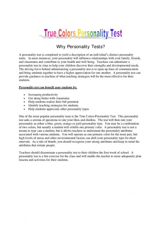 Personality Pdf 96659 | True Colors Personality Test Student