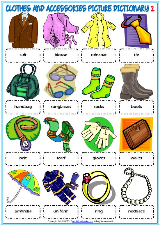Clothes And Accessories Vocabulary Esl Picture Dictionary Worksheets For Kids