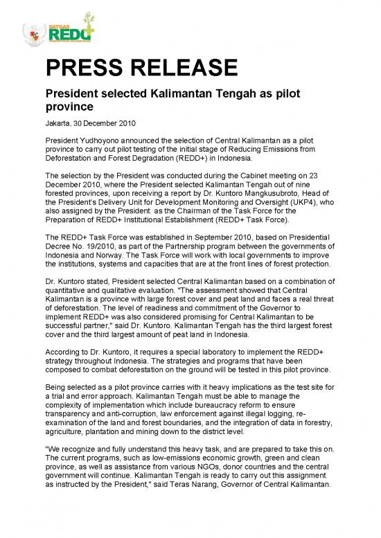 picture_Work Out Spread Sheet 9271 | 12 30 Press Release Presiden Memilih Kalimantan Tengah Sebagai Provinsi  Percontohan Redd | Kehutanan