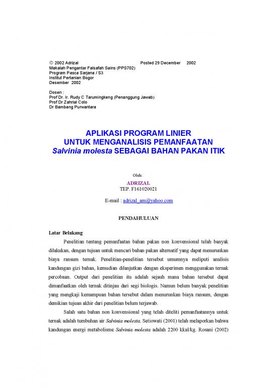 picture1_Makalah Pdf 9590 | P Aplikasi Program Linier Untuk Menganalisis Pemanfaatan Salvinia Molesta Sebagai Bahan Pakan Itik | Pertanian Dan Peternakan picture1_Makalah Pdf 9590 | P Aplikasi Program Linier Untuk Menganalisis Pemanfaatan Salvinia Molesta Sebagai Bahan Pakan Itik | Pertanian Dan Peternakan