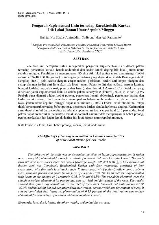 picture Pertanian Pdf 9602 | P Pengaruh Suplementasi Lisin Terhadap Karakteristik Karkas Itik Lokal Jantan Umur Sepuluh Minggu | Pertanian Dan Peternakan