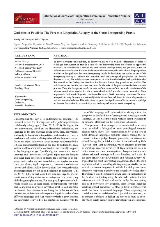 picture Linguistics Pdf 102075 | 2018   Jurnal  Ijclts; Omission In Possible The Forensic Linguistics Autopsy Of The Court Interpreting Praxis