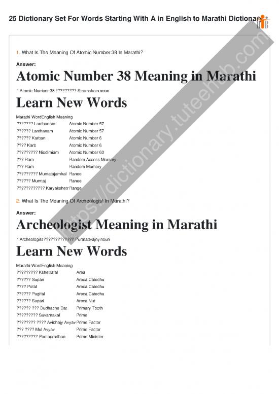 25 Dictionary Set For Words Starting With A In English To Marathi