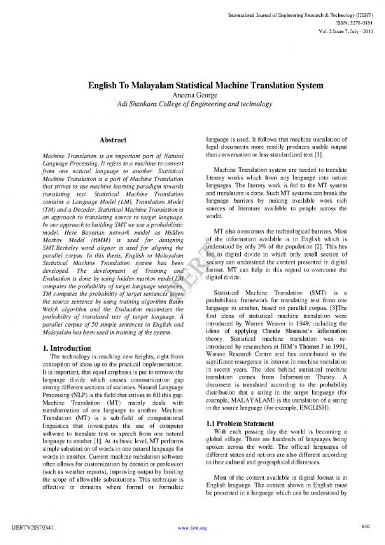 picture1_Learning Pdf 106228 | English To Malayalam Statistical Machine Translation System Ijertv2is70341