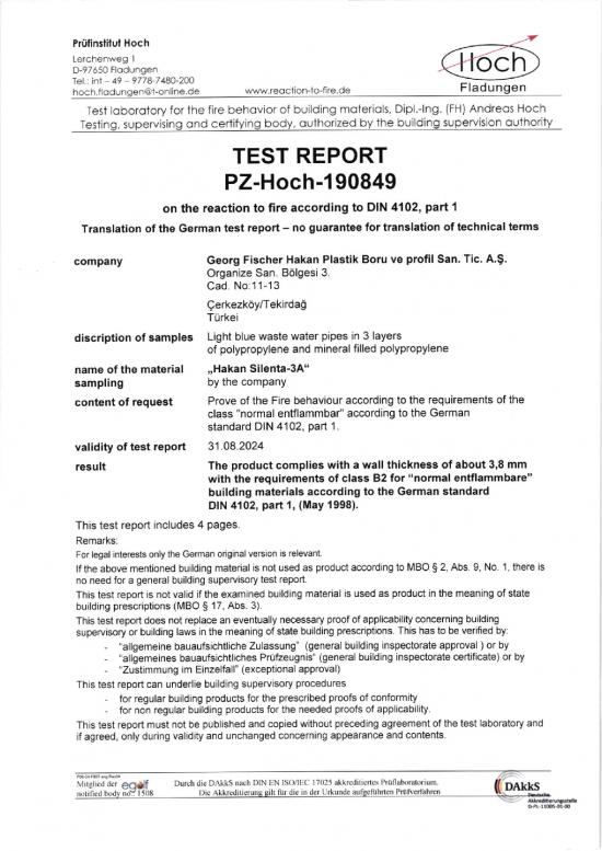 picture Report Pdf 105330 | Test Report Pz Hoch 190849 Din 4102 B2 For Hakan Silenta 3a In English