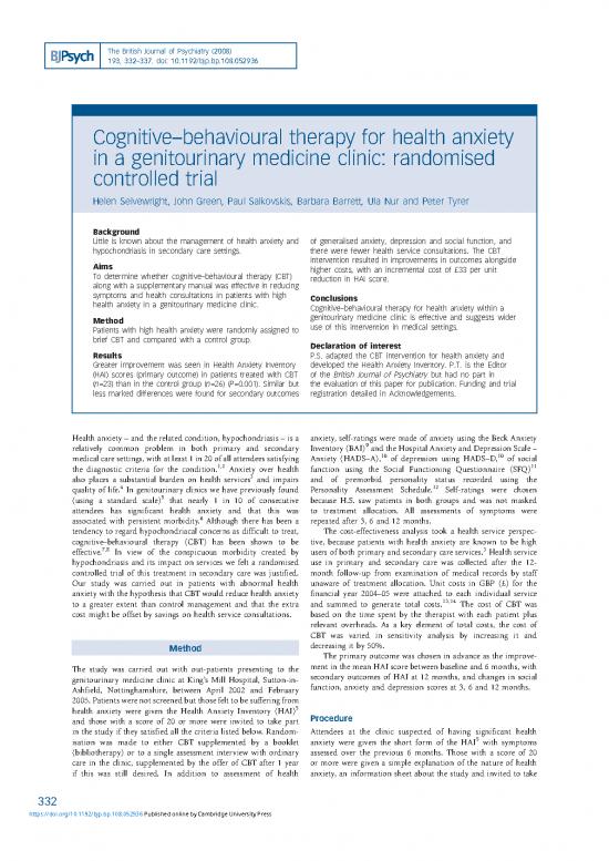 picture Cbt For Health Anxiety Pdf 109373 | Div Class Title Cognitive Behavioural Therapy For Health Anxiety In A Genitourinary Medicine Clinic Randomised Controlled Trial Div
