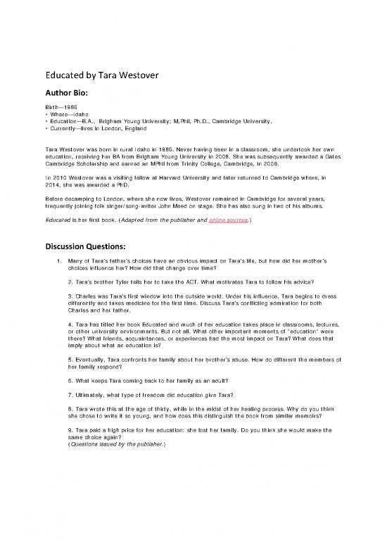 picture Education Pdf 112034 | Book Club Discussion Guide  Educated